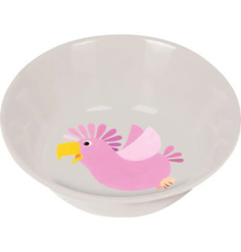 Weiße Schale mit innen abgebildetem, pinkem Comic-Vogel mit gelbem Schnabel und Flügeln.