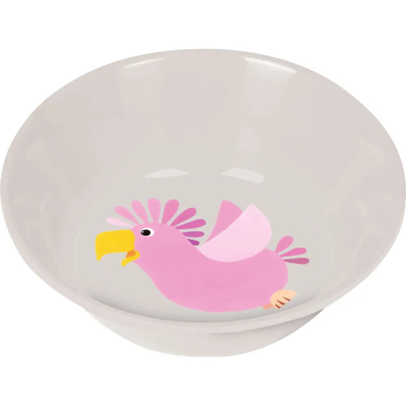 Weiße Schale mit innen abgebildetem, pinkem Comic-Vogel mit gelbem Schnabel und Flügeln.