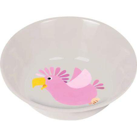 Weiße Schale mit innen abgebildetem, pinkem Comic-Vogel mit gelbem Schnabel und Flügeln.
