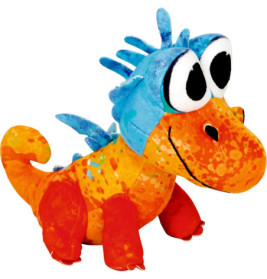 Bunter Plüschdrache mit großen Augen, blauen Stacheln, gelbem Körper sowie roten Beinen und Schwanz.