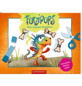 Buntes Drachen-Bastelbuch auf Deutsch mit Knochen, Kleber, Schere und orangefarbenem Rand.