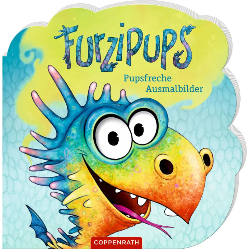 Bunter Comic-Drache mit großen Augen und verspieltem Gesichtsausdruck auf dem Kinderbuch Furzipups.