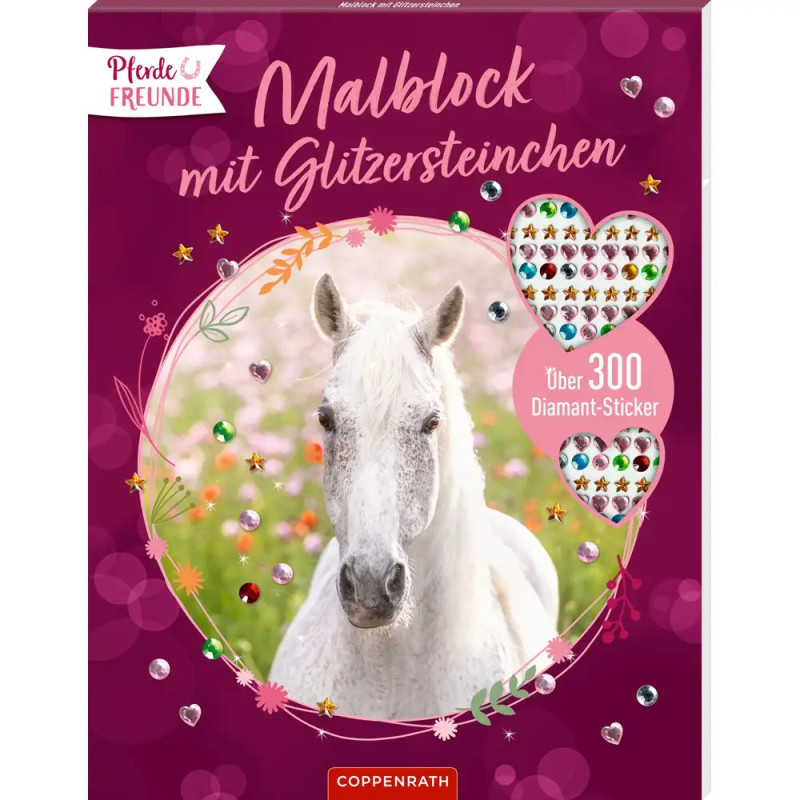 Weißes Pferd auf pinkem Buchcover mit Glitzersteinen und dem Text Malblock mit Glitzersteinchen.