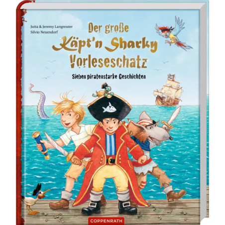 Buchcover mit Junge im Piratenkostüm, einem Papagei, einer Ratte und einem Schiff im Hintergrund.