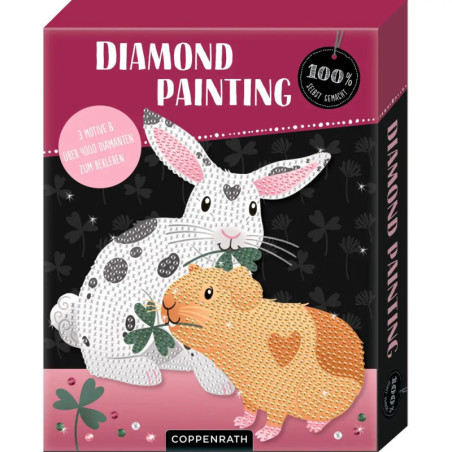Diamond-Painting-Set mit verziertem Kaninchen und Meerschweinchen auf schwarzem Hintergrund.