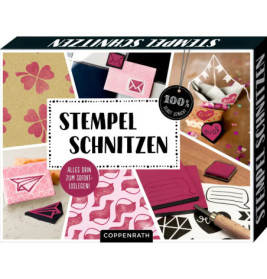 Box mit der Aufschrift Stempel Schnitzen und Abbildungen von Stempeln, Schnitzereien und Karten.