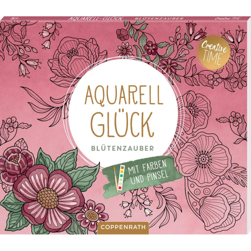Rosa Malkasten Aquarell Glück Blütenzauber mit Wasserfarben und Pinsel.