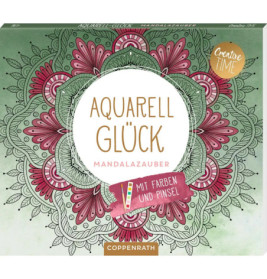 Box mit buntem Mandala und dem deutschen Titel Aquarell Glück Mandalazauber in der Mitte.