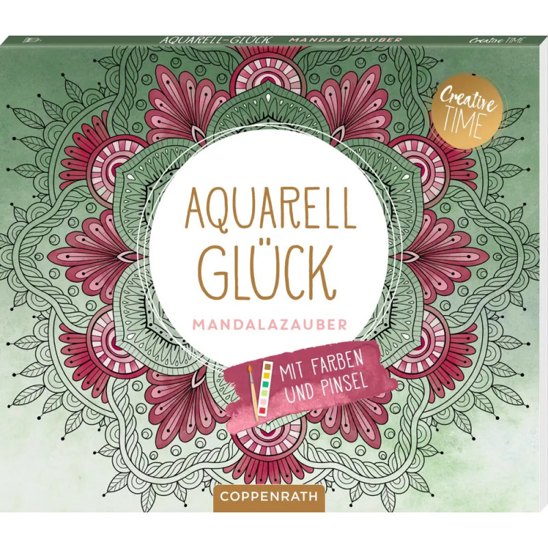 Box mit buntem Mandala und dem deutschen Titel Aquarell Glück Mandalazauber in der Mitte.