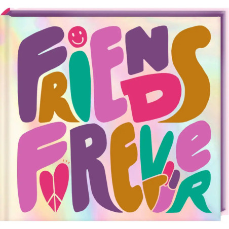 Bunte Schrift Friends Forever mit spielerischen Formen, einem Peace-Zeichen und einem Smiley.