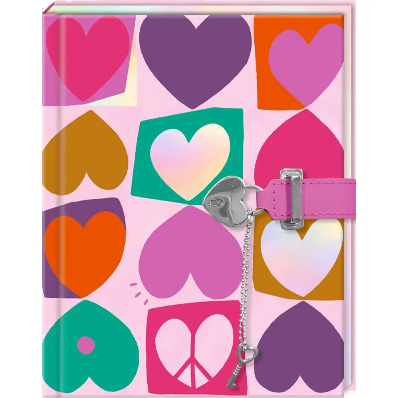 Buntes Tagebuch mit Herzmustern, pinkem Riemen und silbernem herzförmigem Schloss mit Schlüssel.