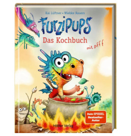 Buntes Kinderkochbuch mit gezeichnetem Drachen am Kochtopf, umgeben von lustigen Kreaturen.