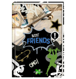 Notizbuch mit Skateboarder, Graffiti-Design und den Worten Best Friends und OMG! auf dem Cover.