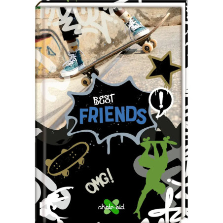 Notizbuch mit Skateboarder, Graffiti-Design und den Worten Best Friends und OMG! auf dem Cover.
