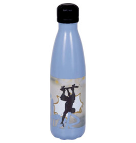 Hellblaue Trinkflasche mit schwarzem Deckel, Skateboarder-Silhouette und Graffiti-Design.