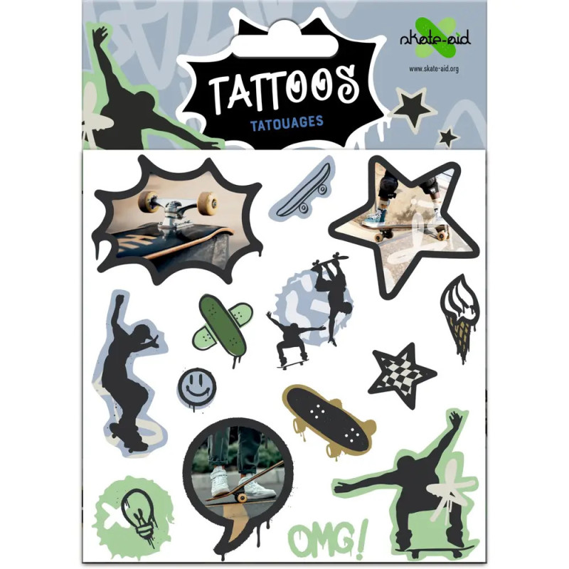 Bogen mit temporären Tattoos: Skateboarder, Skateboards, Sterne und OMG! in Grün.