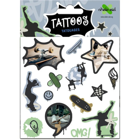 Bogen mit temporären Tattoos: Skateboarder, Skateboards, Sterne und OMG! in Grün.