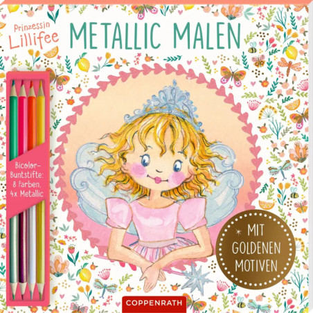 Malbuchcover mit einer Feenprinzessin, Buntstiften und dem Titel Prinzessin Lillifee Metallic Malen. Malbuchcover mit einer Feenprinzessin, Buntstiften und dem Titel Prinzessin Lillifee Metallic Malen.