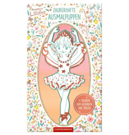 Ballerina-Puppe mit Sternen, Blumenschmuck und deutschem Text auf farbigem Princess Lillifee-Malbuch.