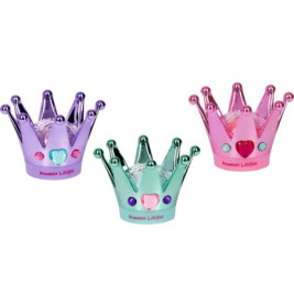 Drei bunte LED-Nachtlichter in Kronenform (lila, grün, pink) mit Schmucksteinen.