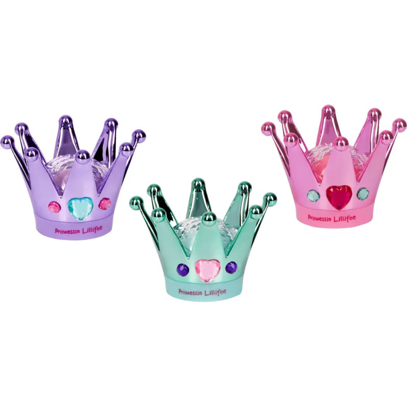 Drei bunte LED-Nachtlichter in Kronenform (lila, grün, pink) mit Schmucksteinen.