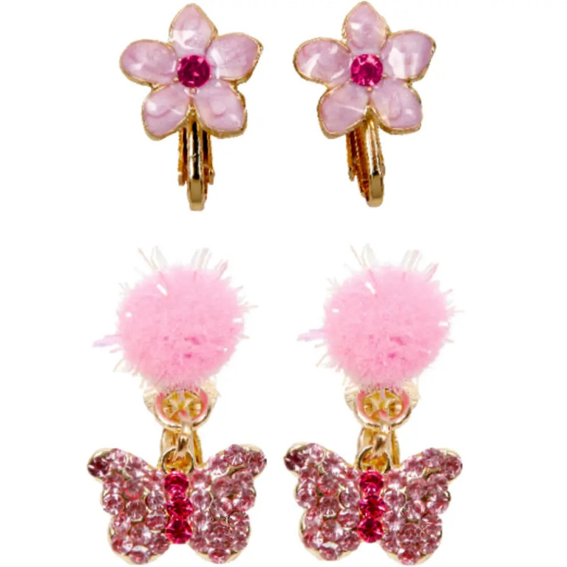Zwei Paar Ohrringe: pinke Blütenstecker und Schmetterlingsanhänger mit flauschigen Bommeln. Zwei Paar Ohrringe: pinke Blütenstecker und Schmetterlingsanhänger mit flauschigen Bommeln.
