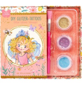 DIY Glitzertattoo-Set mit Prinzessin, drei Glitterdosen und Pinsel in floraler Box.
