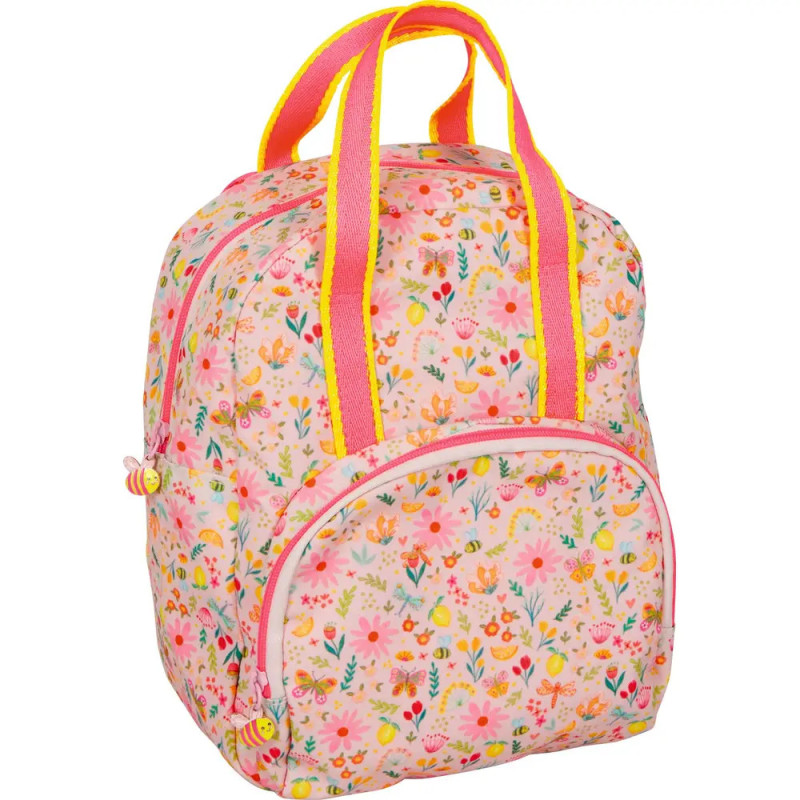 Rosa Rucksack mit Blumenmuster, gelben und pinken Henkeln sowie einer Front-Reißverschlusstasche. Rosa Rucksack mit Blumenmuster, gelben und pinken Henkeln sowie einer Front-Reißverschlusstasche.