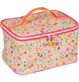 Rechteckige Lunchbag mit Blumenmuster, Reißverschluss, pinkem Rand und gelbem Henkel.