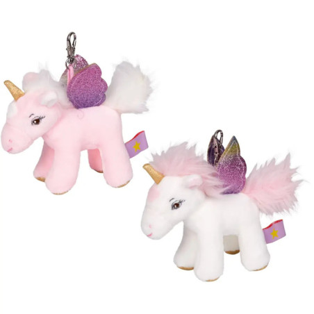 Zwei Plüsch-Einhorn-Schlüsselanhänger, rosa und weiß, mit Glitzerflügeln und goldenen Hörnern.