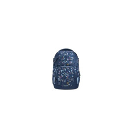 Dunkelblauer Rucksack mit buntem Blattmuster, mehreren Fächern und schwarzen Trägern.