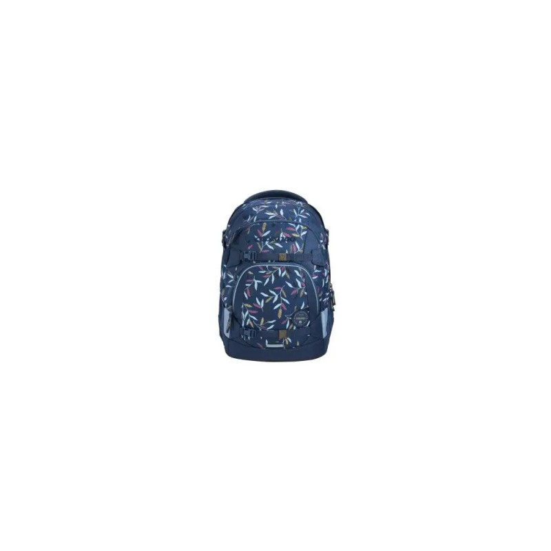 Dunkelblauer Rucksack mit buntem Blattmuster, mehreren Fächern und schwarzen Trägern. Dunkelblauer Rucksack mit buntem Blattmuster, mehreren Fächern und schwarzen Trägern.