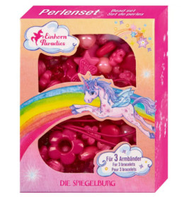 Rosa Perlen-Set-Box mit Einhorn, Regenbogen und Sternen für das Basteln von drei Armbändern.