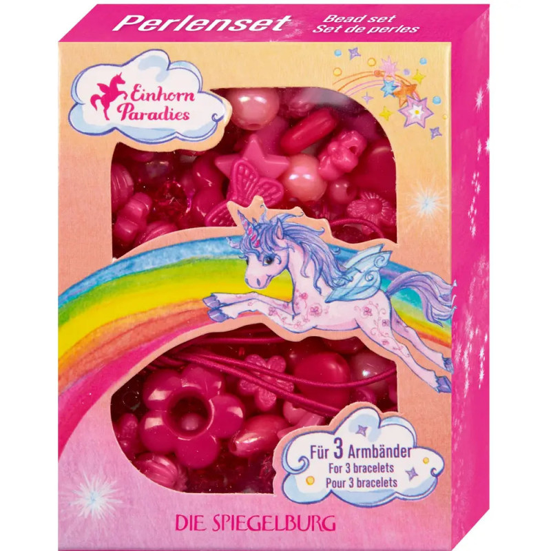 Rosa Perlen-Set-Box mit Einhorn, Regenbogen und Sternen für das Basteln von drei Armbändern.