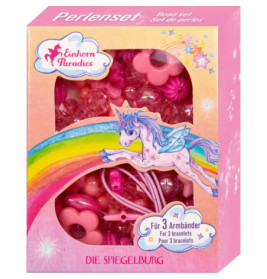 Rosa Einhorn-Perlen-Set mit bunten Perlen, Regenbogen, Einhorn und 3-Armbänder-Beschriftung.