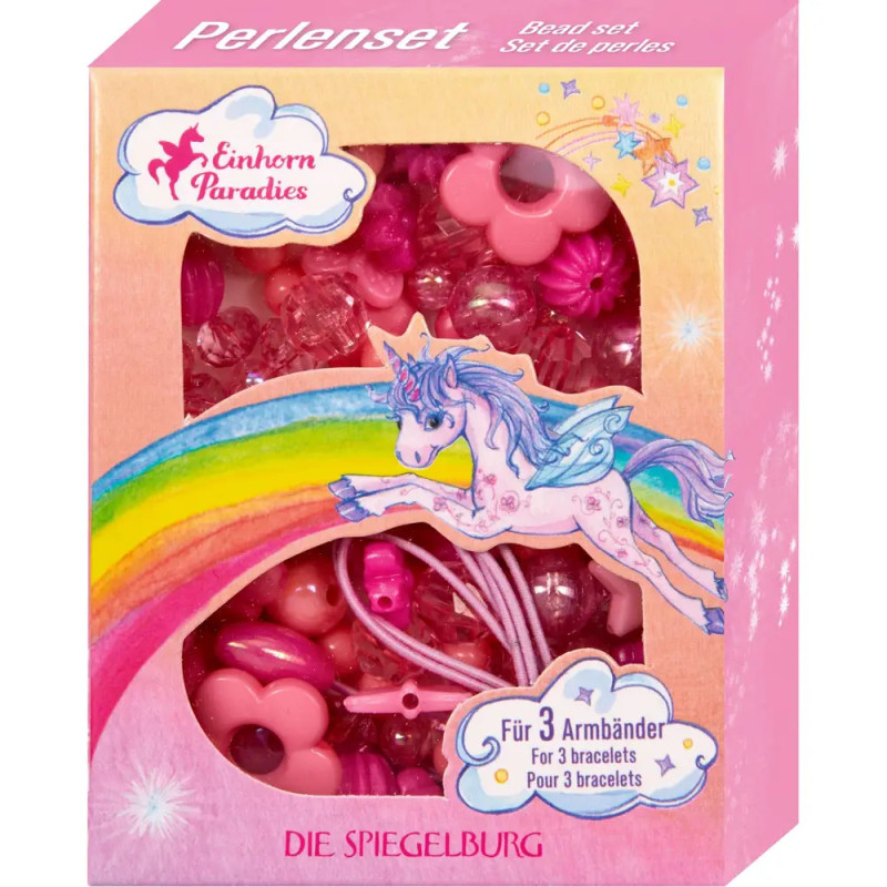 Rosa Einhorn-Perlen-Set mit bunten Perlen, Regenbogen, Einhorn und 3-Armbänder-Beschriftung.