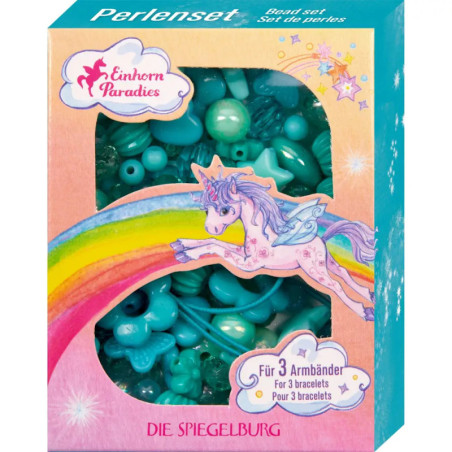 Türkise Perlenbox zum Basteln, Verpackung mit Einhorn, Regenbogen und Sternen verziert.