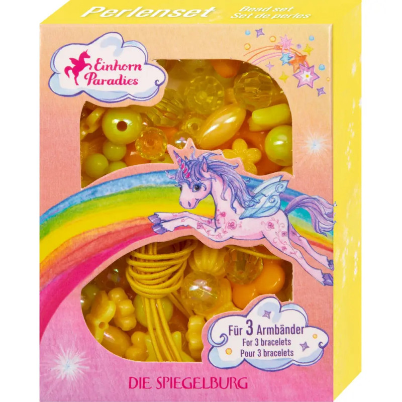 Box mit bunten Perlen zum Armbänder-Basteln, Verpackung mit Regenbogen und Einhorn illustriert.
