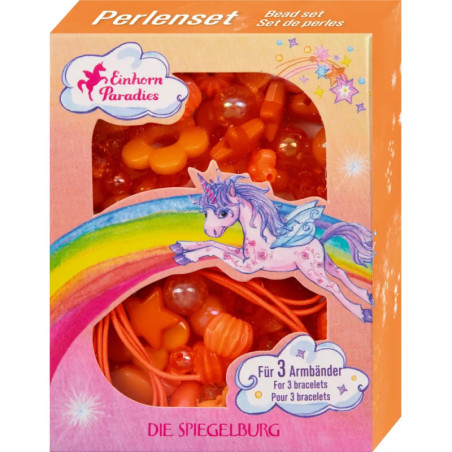 Orangefarbenes Perlen-Set mit Einhorn und Regenbogen, geeignet zum Basteln von drei Armbändern.