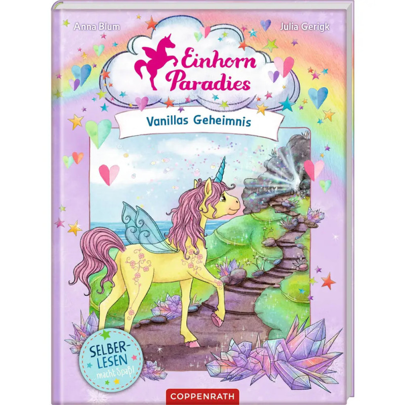 Ein gelbes Einhorn mit lila Mähne steht zwischen Kristallen und Regenbögen auf dem Buch Einhorn Paradies. Ein gelbes Einhorn mit lila Mähne steht zwischen Kristallen und Regenbögen auf dem Buch Einhorn Paradies.