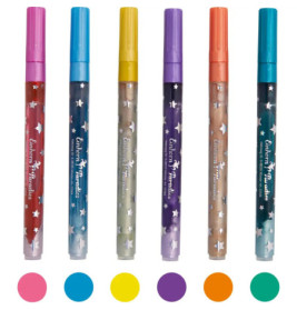 Fünf bunte Gelstifte mit Sternmuster und Kappen in Rot, Blau, Gelb, Lila und Orange.