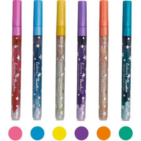 Fünf bunte Gelstifte mit Sternmuster und Kappen in Rot, Blau, Gelb, Lila und Orange.