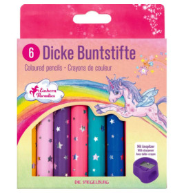 Box mit 6 dicken Farbstiften, Verpackung mit Sternen, Einhorn und Regenbogen.