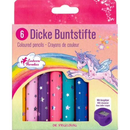 Box mit 6 dicken Farbstiften, Verpackung mit Sternen, Einhorn und Regenbogen.