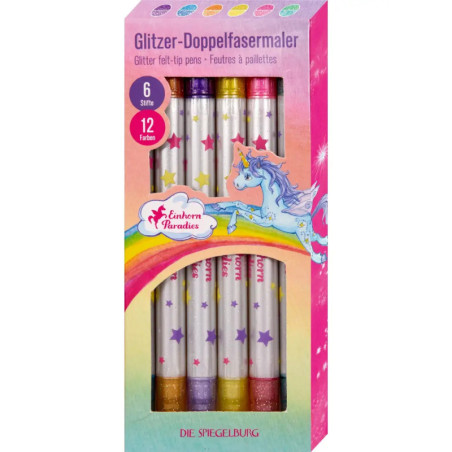 Box mit sechs Glitzerfilzstiften, Verpackung mit Einhorn, Regenbogen und Sternen.