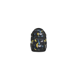 Schwarzer Rucksack mit blauen, weißen und gelben Tropenvogel-Prints vor weißem Hintergrund.