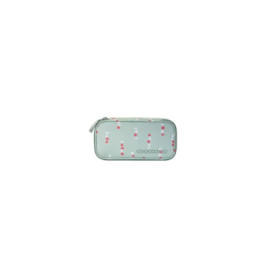 Hellblaues Etui mit rosa und weißen Punkten, Reißverschluss und coocazoo-Logo auf der Vorderseite.