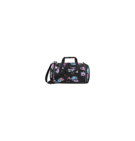 Schwarze Duffelbag mit pink-blauem Blütenmuster, Griffen und Schulterriemen.