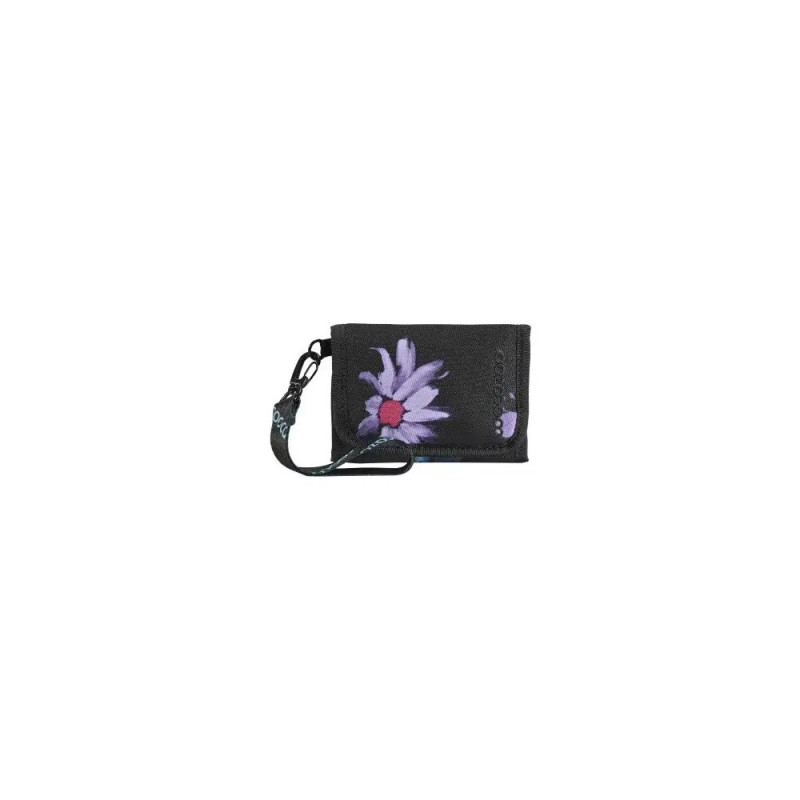 Schwarzes Portemonnaie mit lilafarbener Blume. Schwarzes Portemonnaie mit lilafarbener Blume.