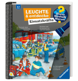 Kinderbuchcover mit Polizei, Feuerwehr und Sanitätern an einem Unfallort.